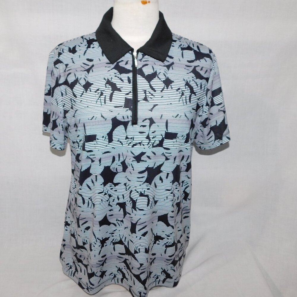 Coral Bay Black White Striped Leaves Golf Polo Shirt 1/4 Zip Womens PL Petite L